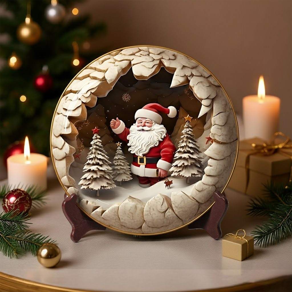 Santa Claus And Pine Tree Christmas Ceramic Plate In Winter Forest Living Room Decor Gifts