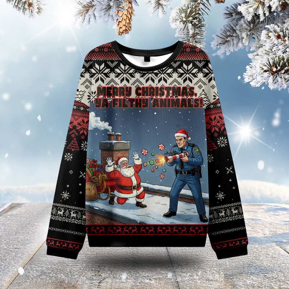 Santa Claus And Police Christmas Ugly Sweater Merry Christmas Ya Filthy Animals Xmas Gifts