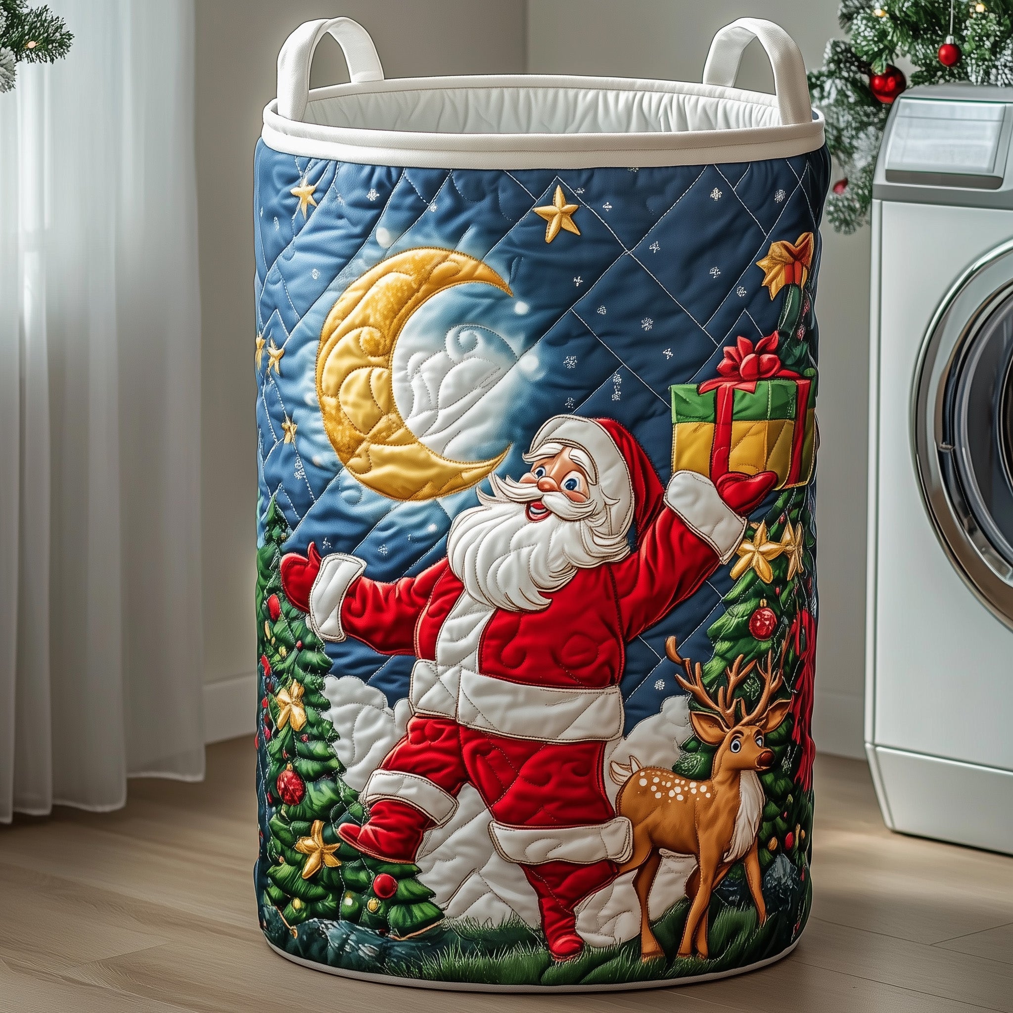Santa Claus and Quilted Laundry Basket Reindeer Christmas Presents