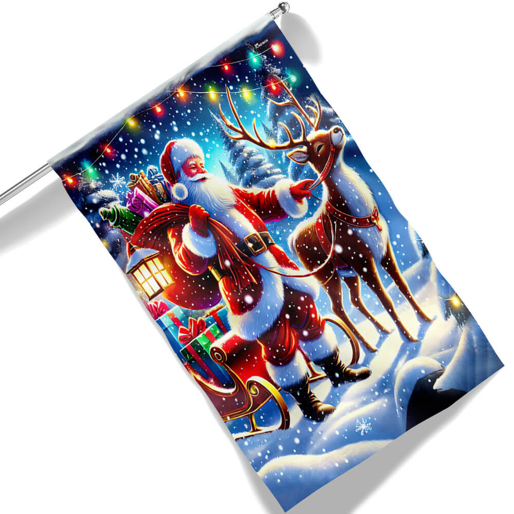 Santa Claus And Reindeer Christmas Flag