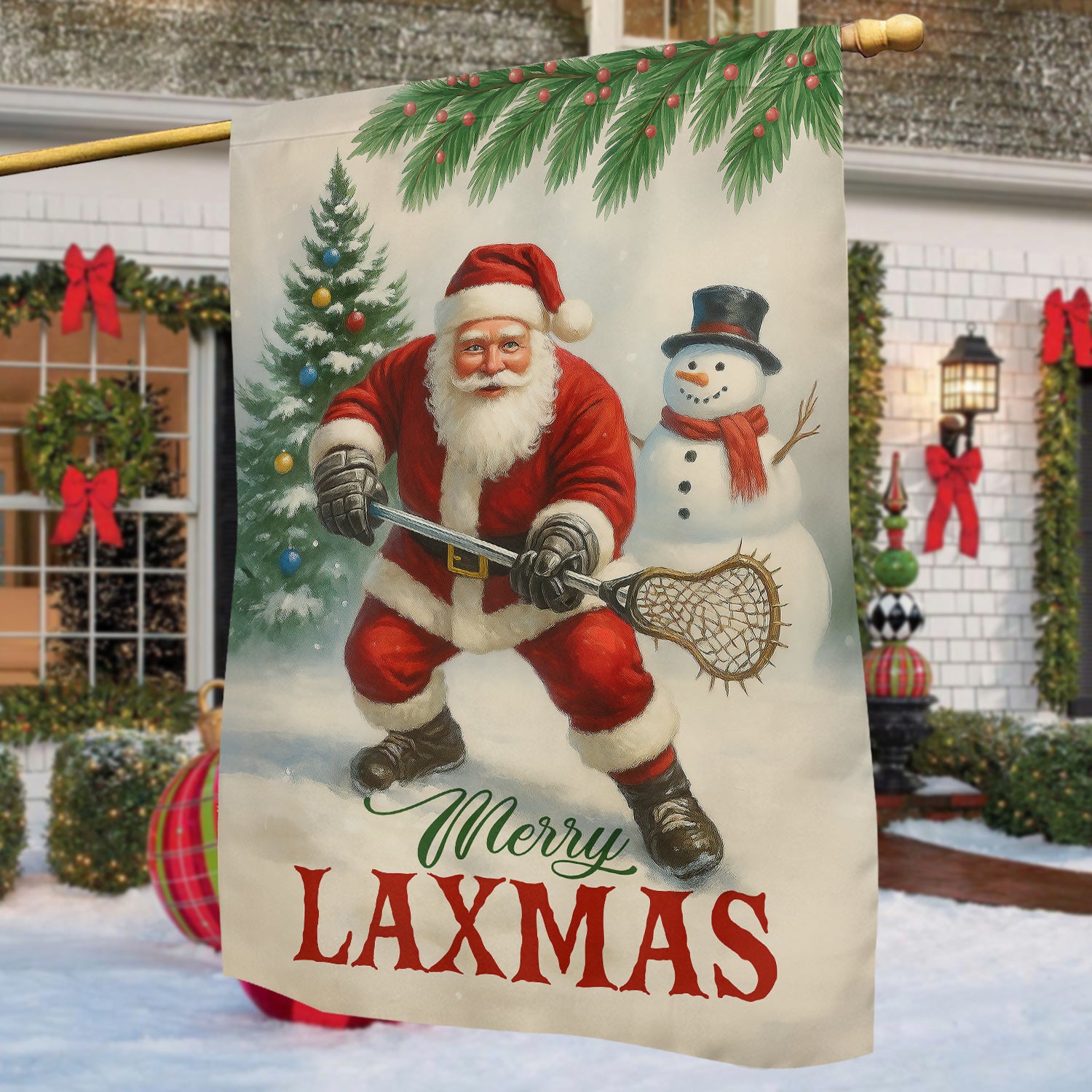 Santa Claus Christmas Lacrosse Garden Flag Merry Laxmas Yard Flag Xmas Gift For Lacrosse Lovers