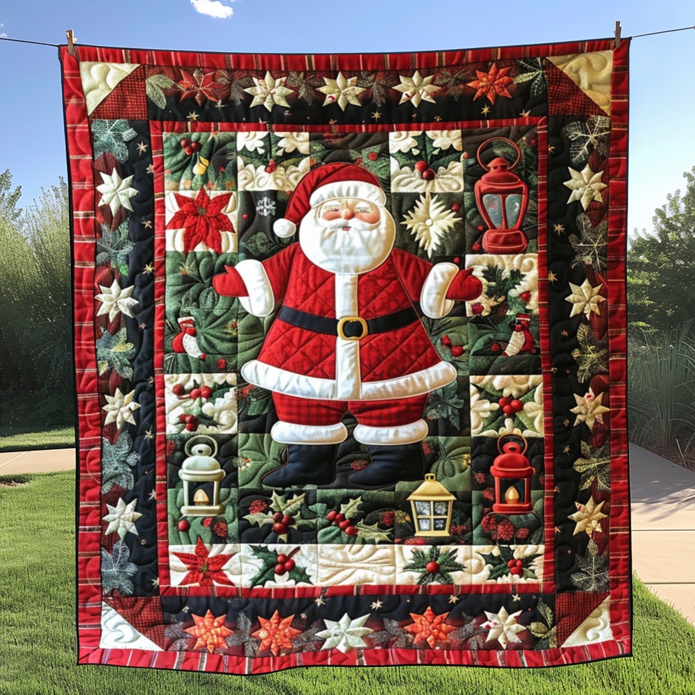 Santa Claus Christmas Quilted Blanket Holiday Poinsettia Art Cozy Throw Best Gift For Christmas Lovers