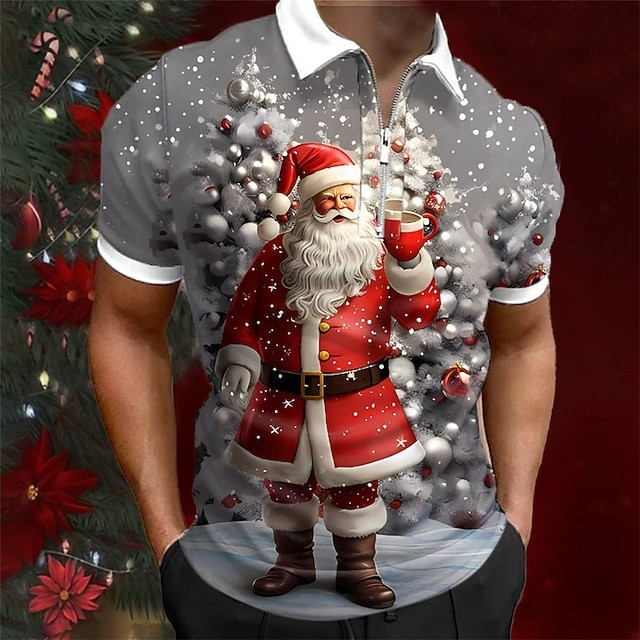Santa Claus Christmas Zipper Polo Shirt Santa Holding Coffee Cup Winter Holiday Outfit Gifts