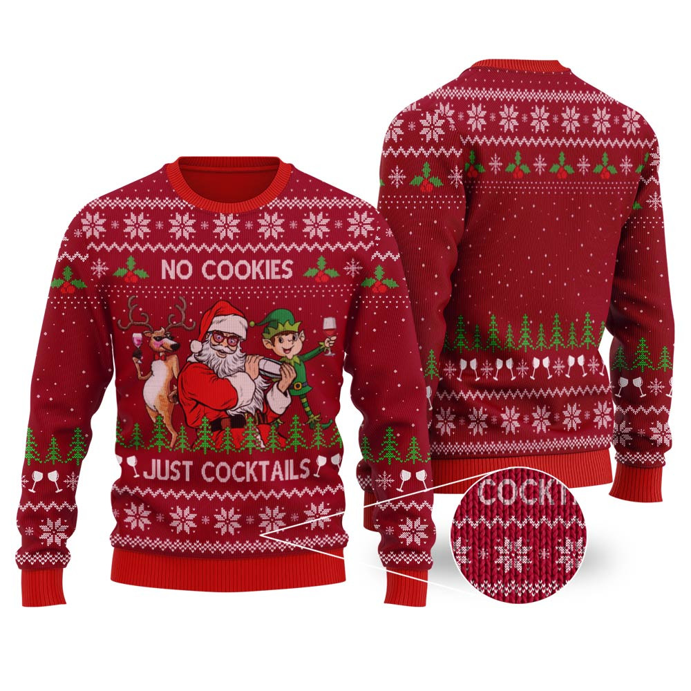 Santa Claus Cocktails Ugly Christmas Sweater Cardinal Red Soft Cotton Sweatshirt for Winter Comfort