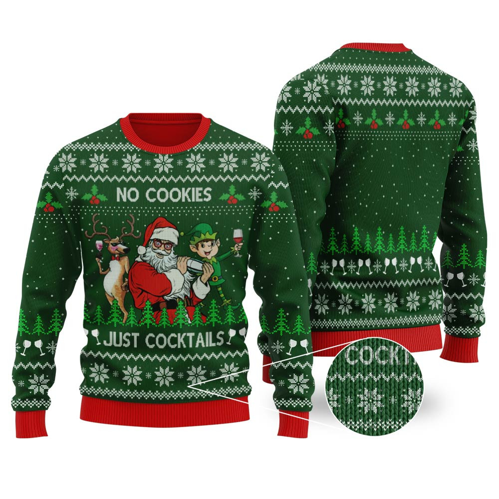 Santa Claus Cocktails Ugly Christmas Sweater Forest Green Lovely Christmas Sweater Gift for Mom or Grandma