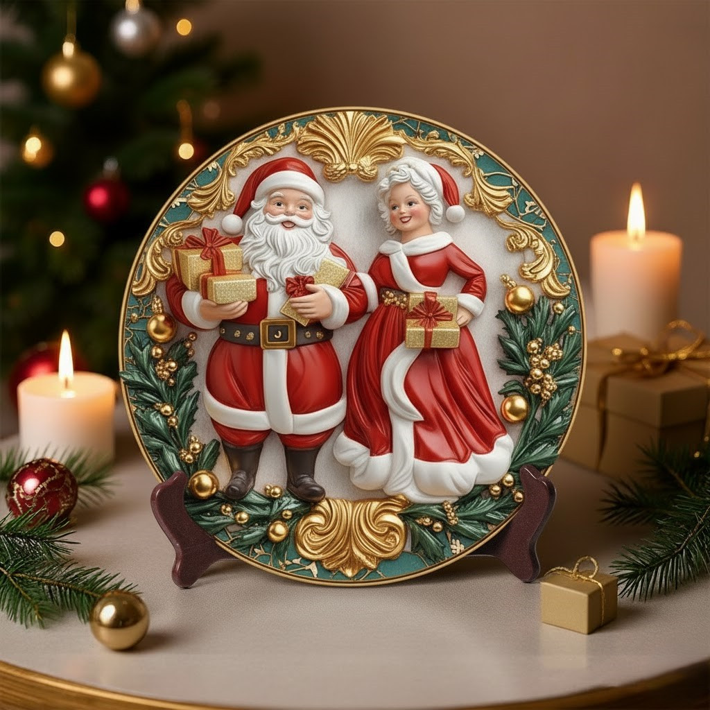 Santa Claus Couple And Gift Boxes Christmas Holiday Ceramic Plate Home Decor Gifts For Lovers