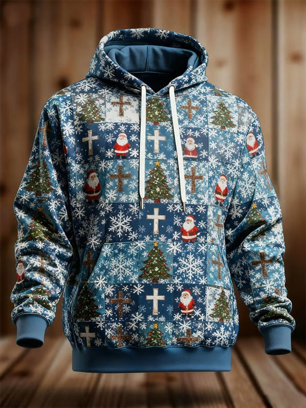 Santa Claus Cross Christmas Hoodie Snowflake Pine Tree Christian Faith Apparel Gifts