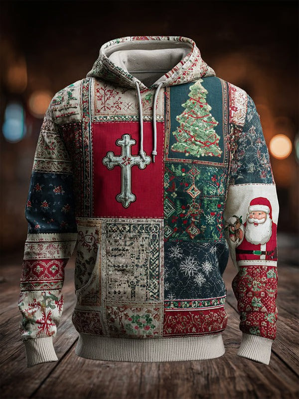 Santa Claus Cross Patchwork Christmas Hoodie Christian Clothes Xmas Holiday Gifts