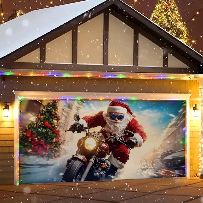 Santa Claus Driving Motorbike Christmas Garage Door Cover Winter Holiday Outdoor Decorations