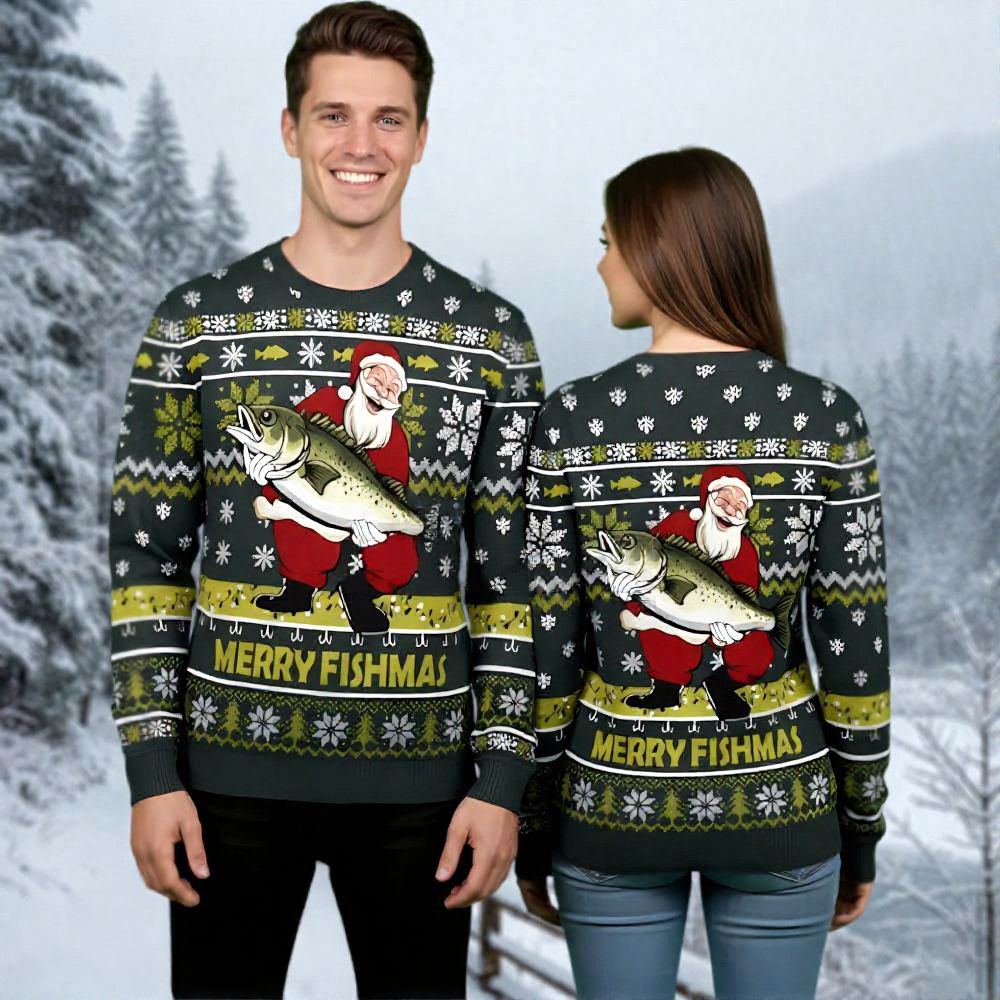 Santa Claus Fishing Christmas Ugly Sweater Xmas Wear Funny Secret Santa Gifts