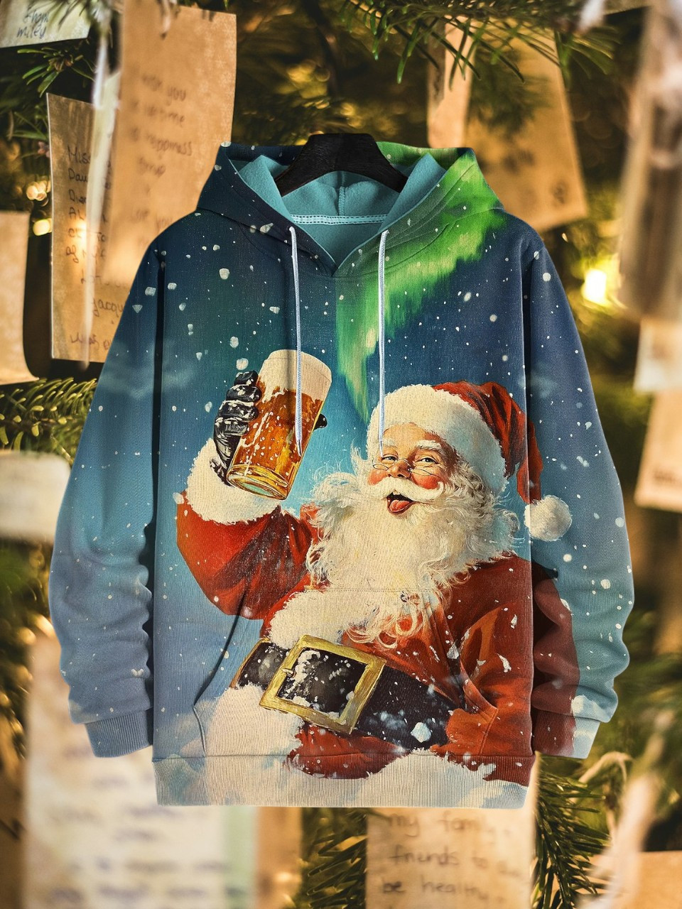Santa Claus Holding Beer Christmas Holiday Hoodie Aurora Snowflake Funny Gifts For Beer Lovers