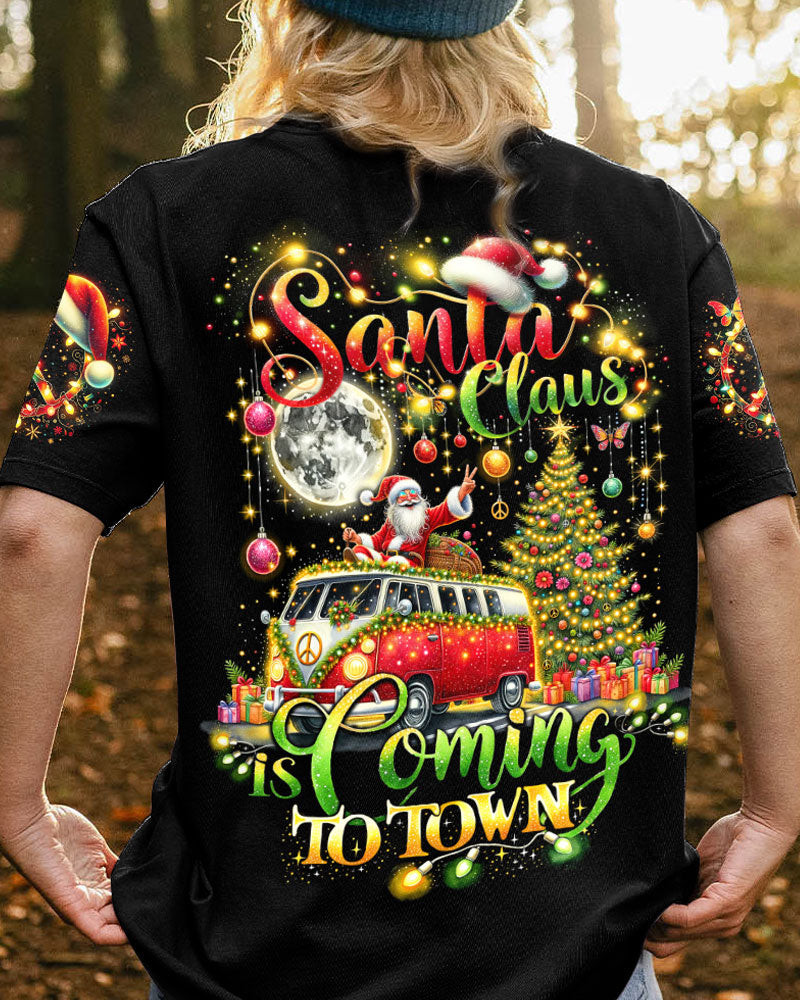 Santa Claus Is Coming Christmas T-Shirt Hippie Van Xmas Clothing Cozy Gifts For Him