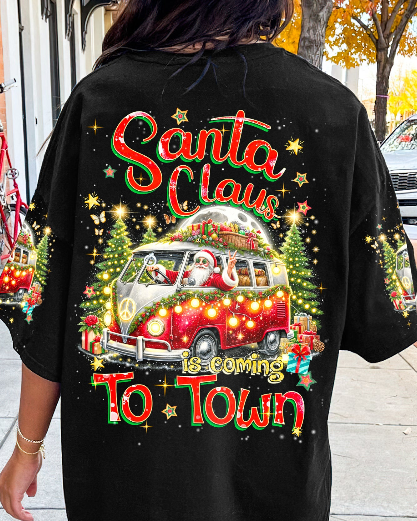 Santa Claus Is Coming Christmas T-Shirt Hippie Van Xmas Clothing Peaceful Gifts For Her