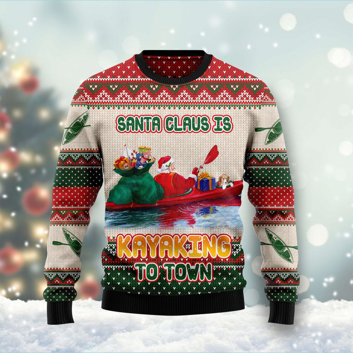 Santa Claus Is Kayaking To Town Ugly Christmas Sweater Santa Claus Design Xmas Gifts For Him