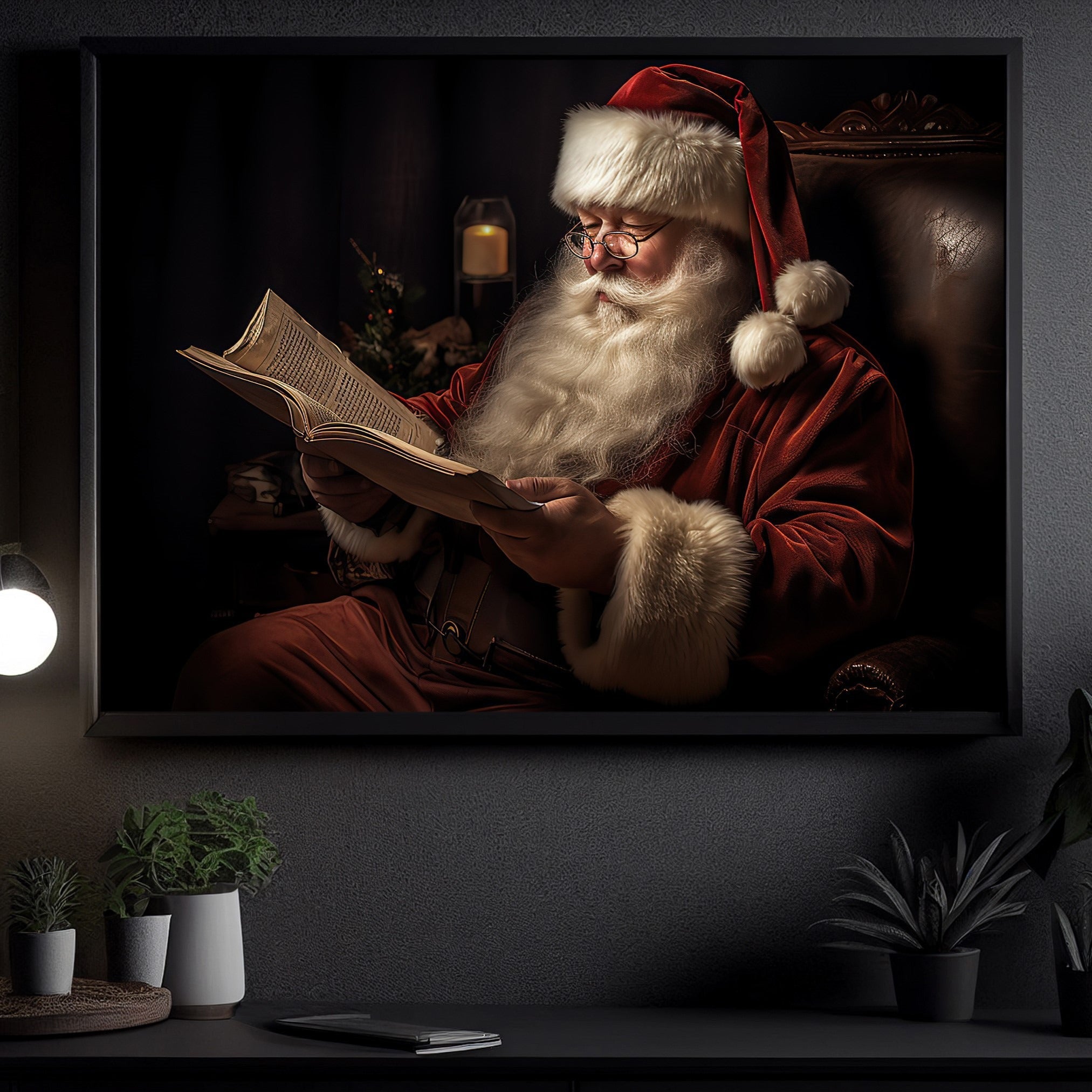 Santa Claus Is Reading Book Christmas Poster Wall Art Print Christmas Wall Decor