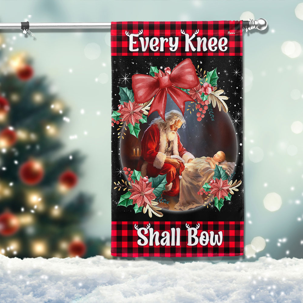 Santa Claus Kneeling With Baby Jesus Every Knee Shall Bow Flag