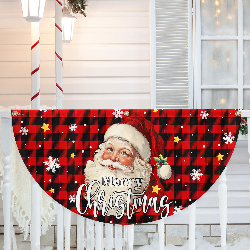 Santa Claus Merry Christmas Plaid Non Pleated Fan Flag