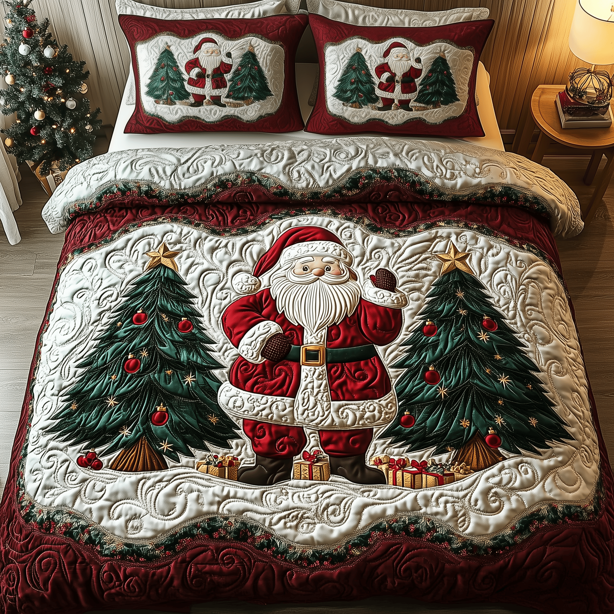 Santa Claus Quilted Bedding Set Family Gift Ideas For Christmas