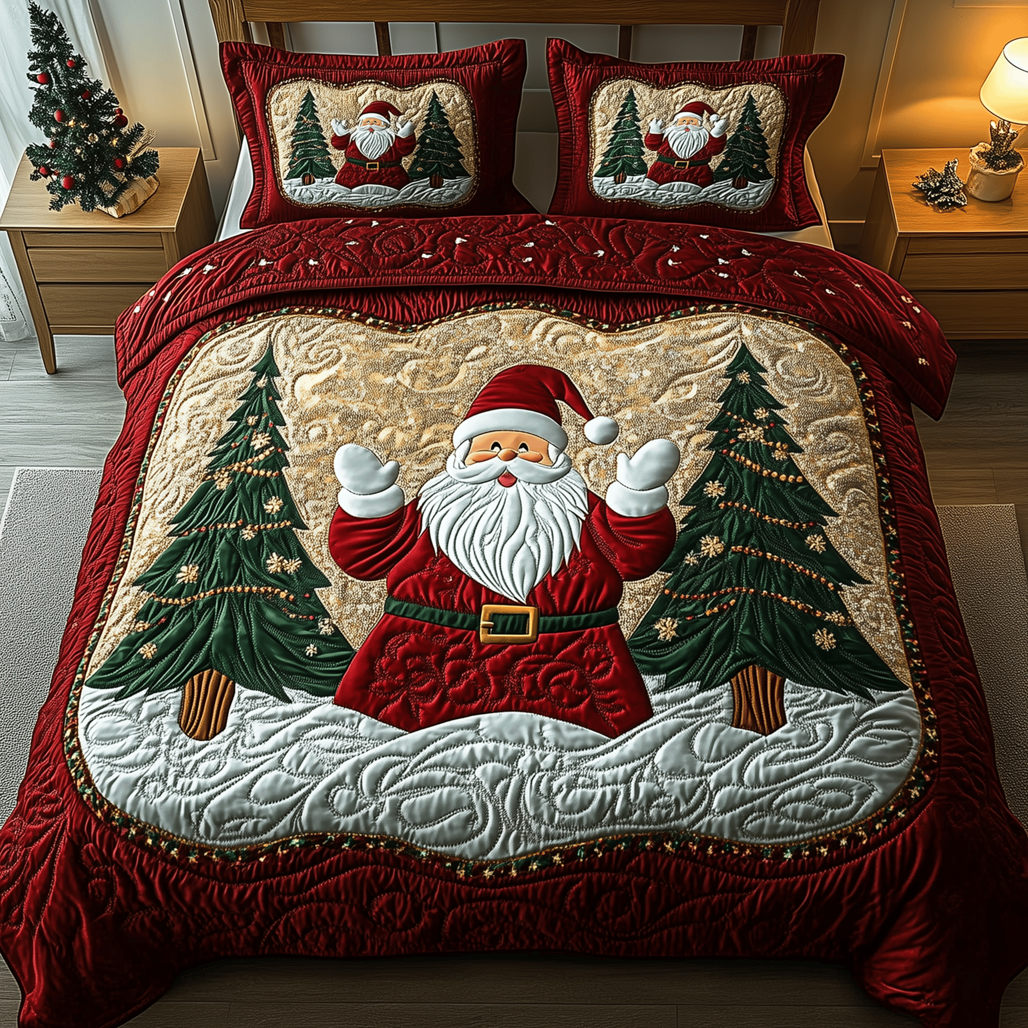 Santa Claus Quilted Bedding Set Family Xmas Presents