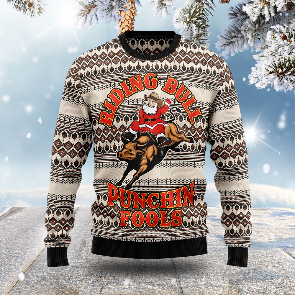Santa Claus Rides Buffalo Ugly Christmas Sweater Holiday Clothing Christmas Gifts For Cowboys