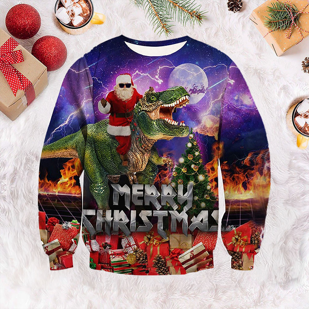 Santa Claus Riding Dinosaur Ugly Christmas Sweater Cute Christmas Sweaters For Womens Gift
