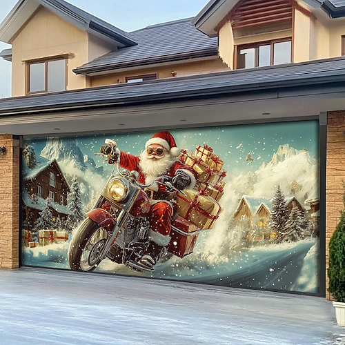 Santa Claus Riding Motorbike Christmas Cover For Garage Door Nana Xmas Presents