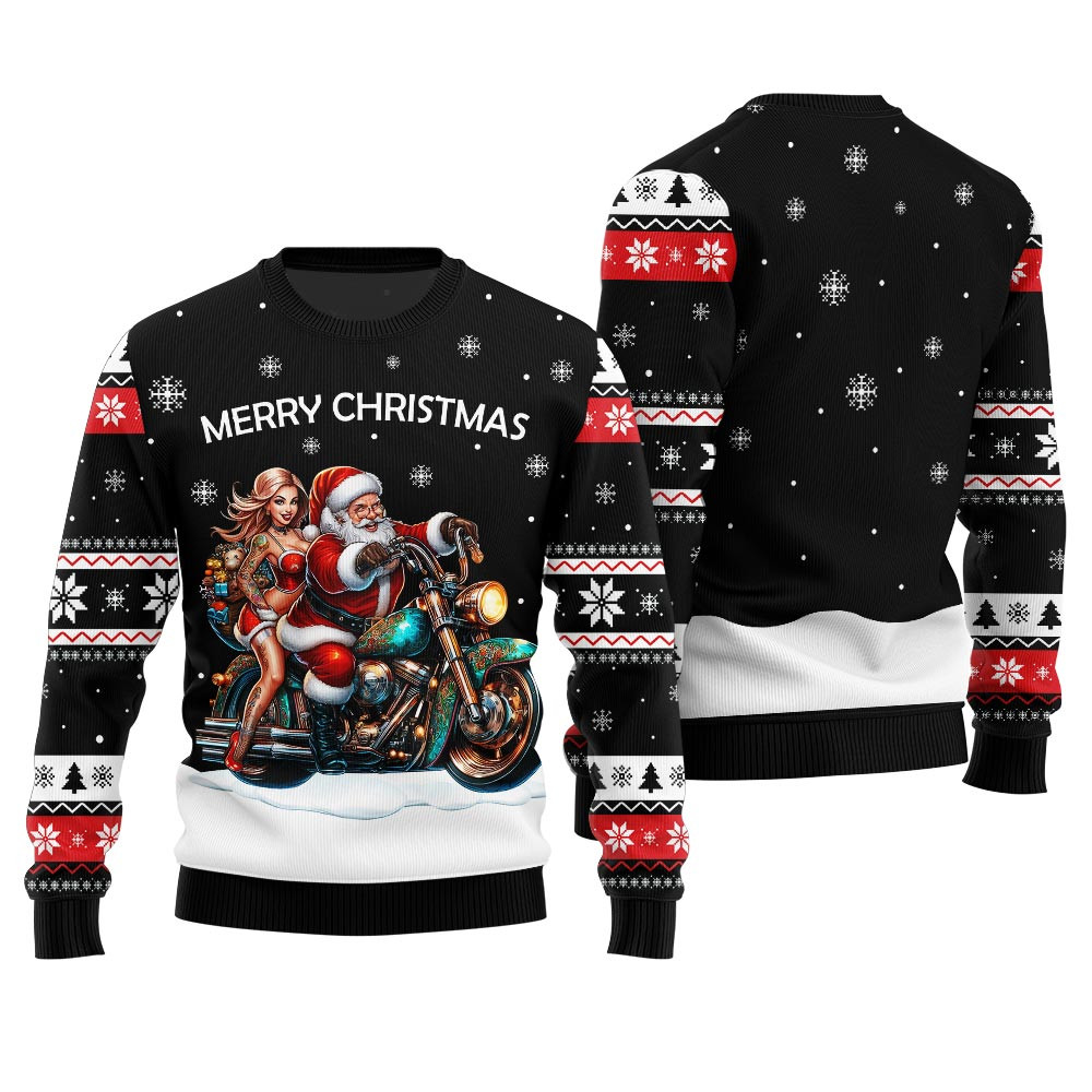 Santa Claus Riding Motorbike Ugly Christmas Sweater Christmas Merch Gift That Brings Joy and Warmth