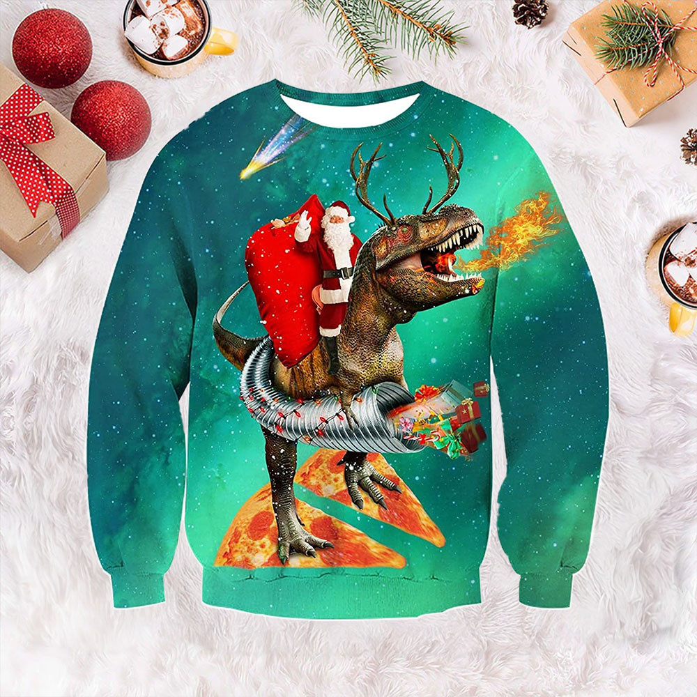 Santa Claus Riding Pizza Dinosaur Ugly Christmas Sweater Cute Christmas Sweaters For Womens