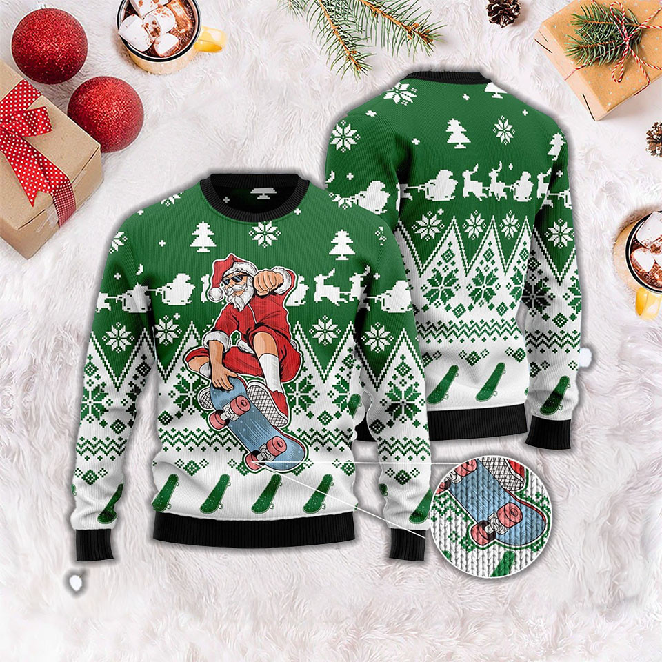 Santa Claus Skateboarding Ugly Christmas Sweater Cool Christmas Gift For Skateboarder