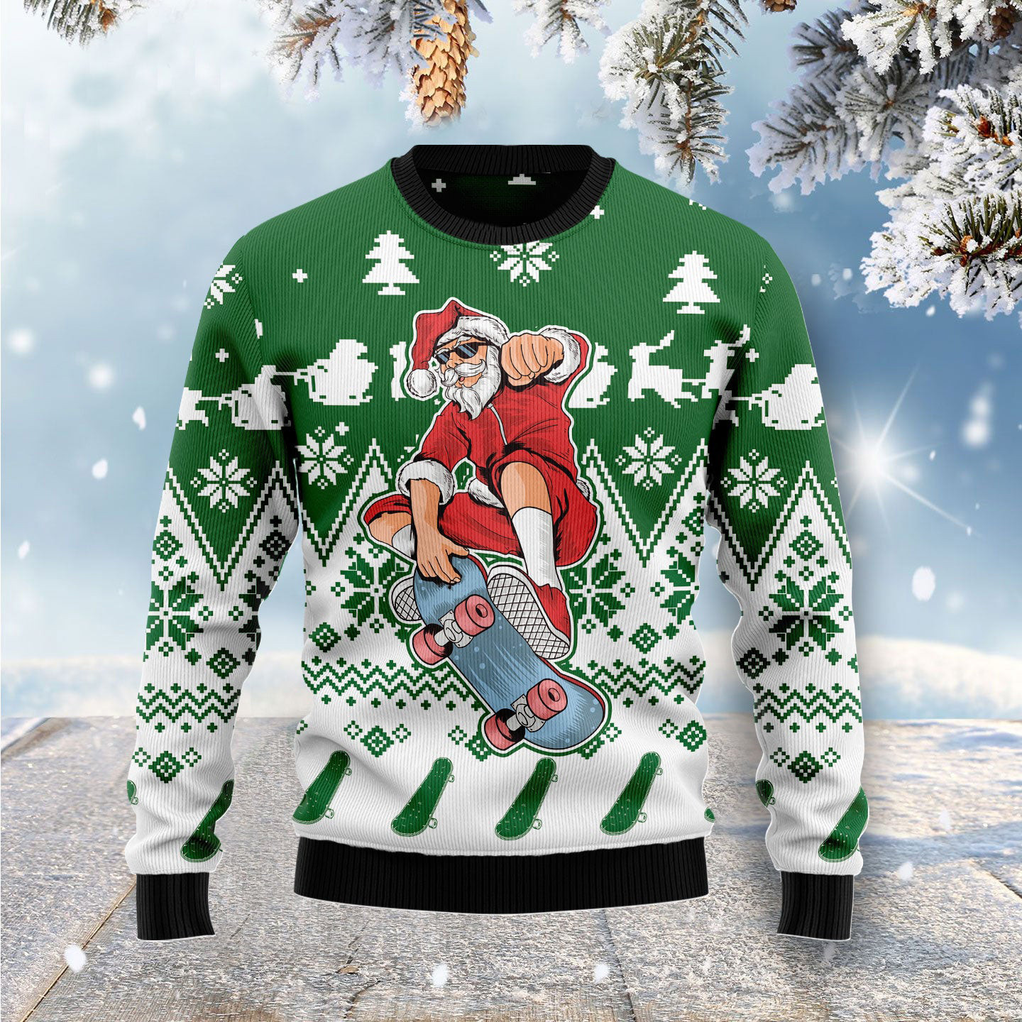 Santa Claus Skateboarding Ugly Christmas Sweater Funny Adult Christmas Sweaters