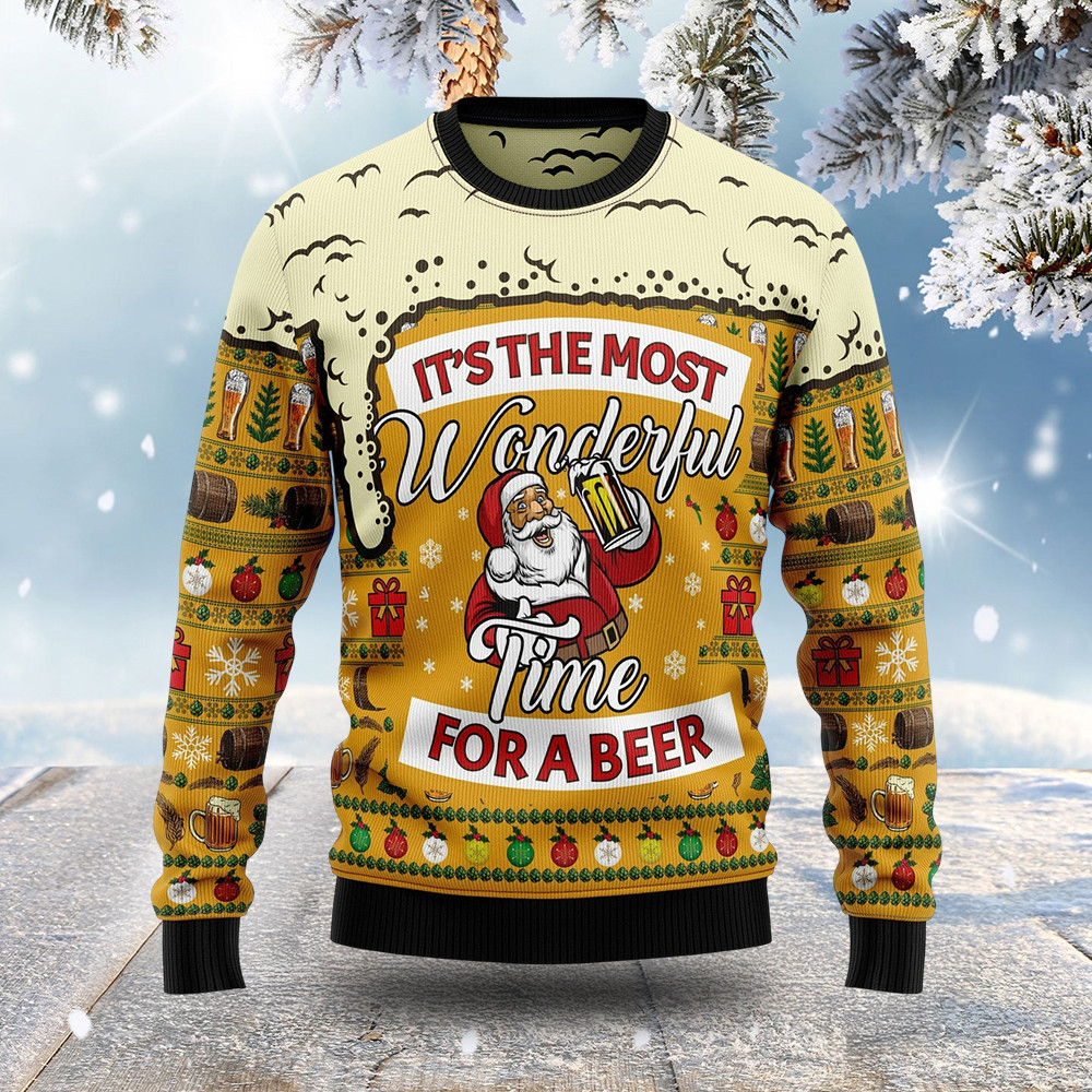 Santa Claus Ugly Christmas Sweater Wonderful Time For Beer Best Gag Gifts For Guys