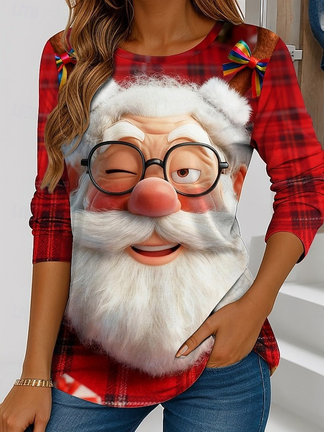Santa Claus Winks Christmas Long Sleeve Shirt Reindeer Horns With Bow Cute Outfit Gifts For Her