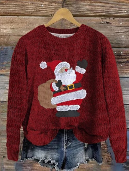 Santa Claus With Gift Bag Christmas Sweater Festive Winter Holiday Clothes Gifts For Women