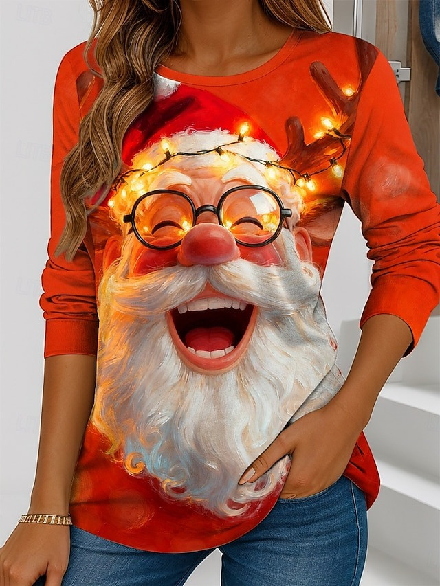 Santa Claus With Reindeer Horns Christmas Long Sleeve Shirt Cute Clothing Gifts For Her