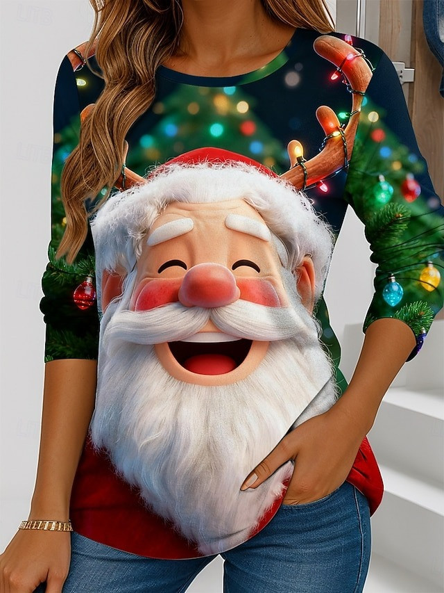 Santa Claus With Reindeer Horns Christmas Long Sleeve Shirt Tree Pine Cute Clothing Gifts