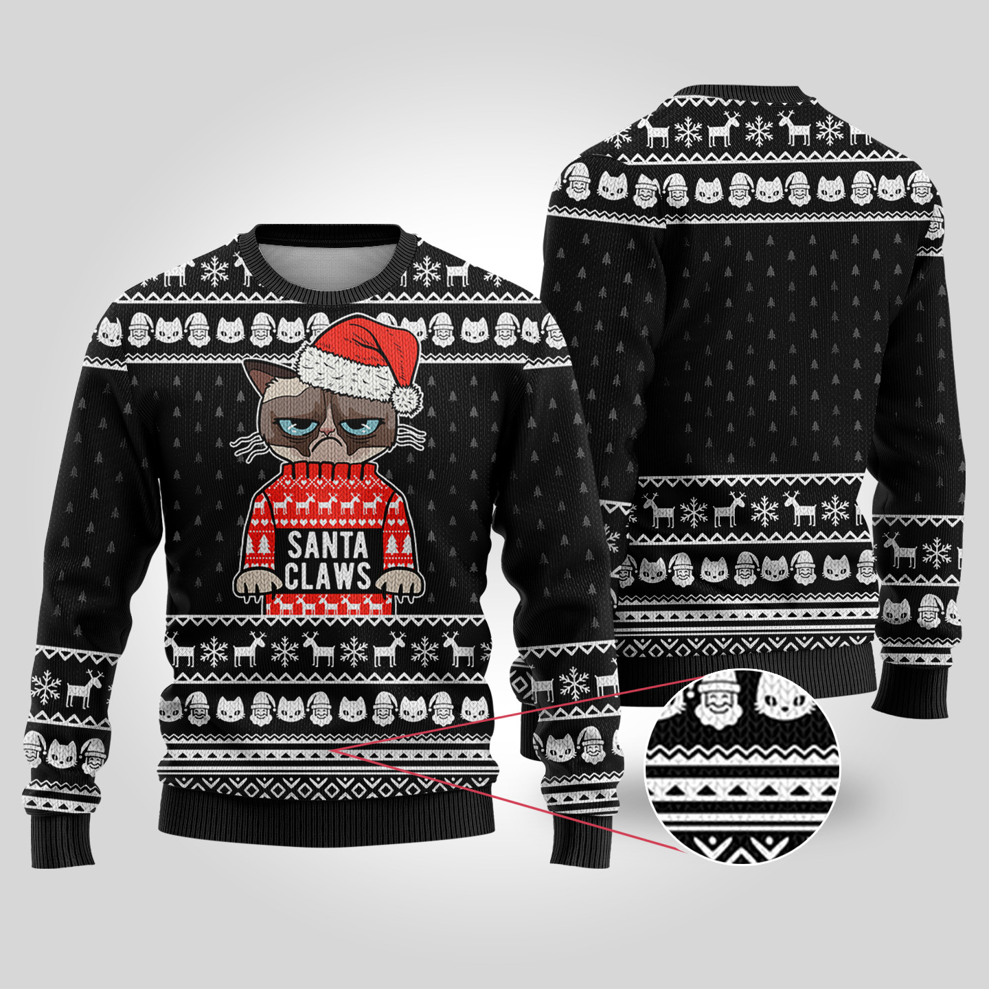 Santa Claws Cat Ugly Christmas Sweater Black Funny Xmas Sweater for Ugly Sweater Parties