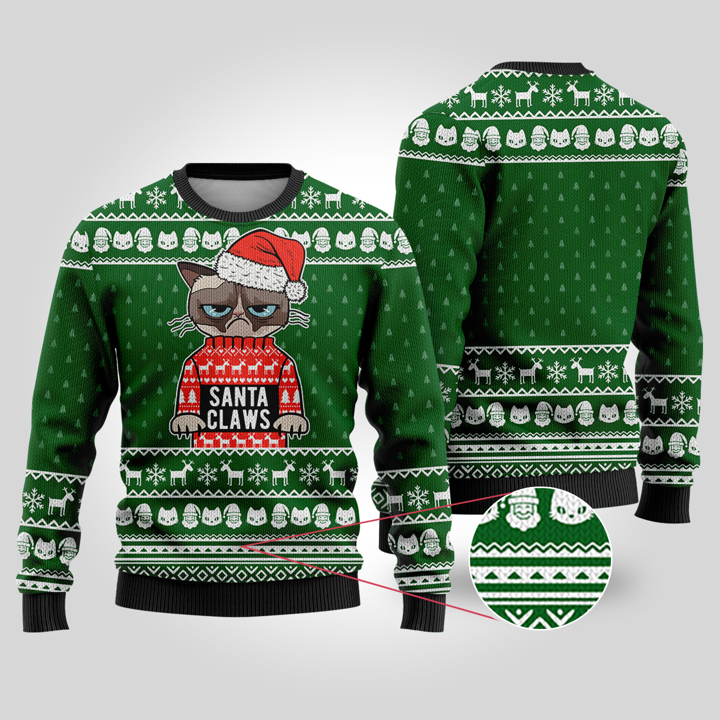 Santa Claws Cat Ugly Christmas Sweater Forest Green Trendy Winter Sweatshirt for Cozy Moments