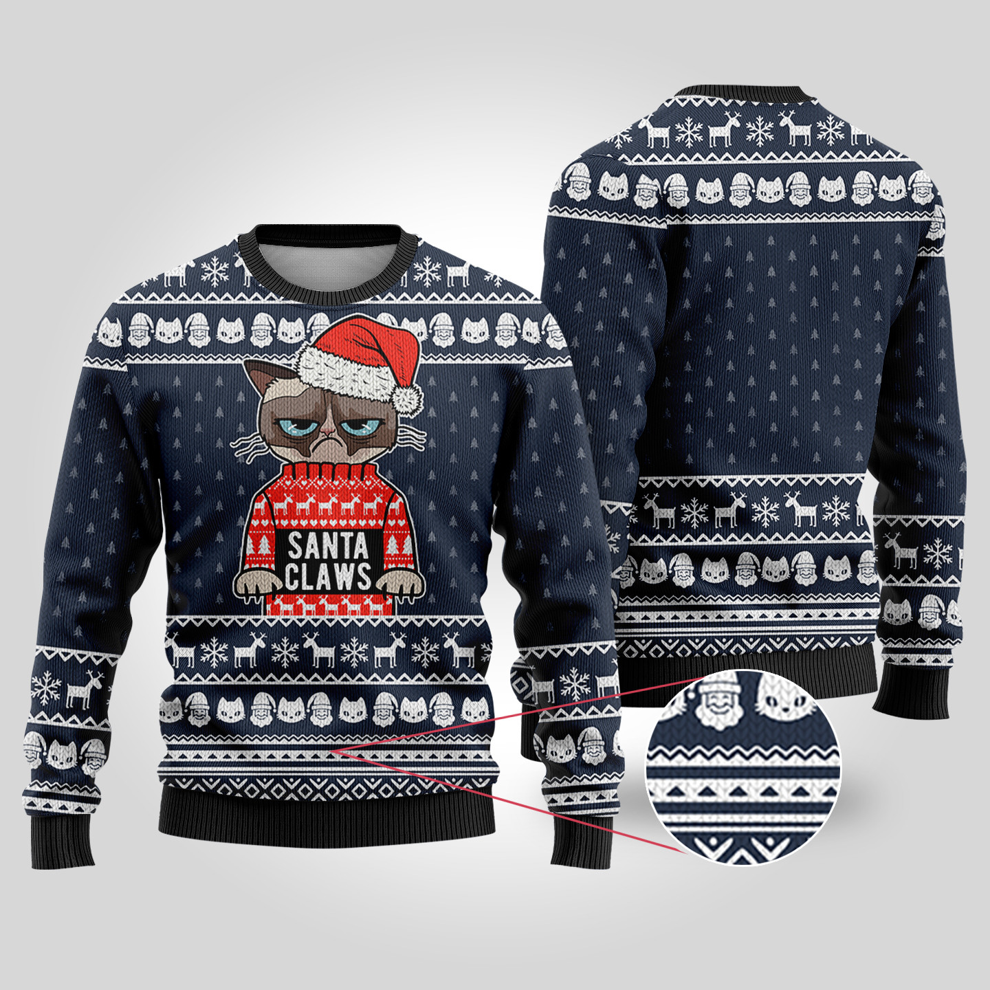 Santa Claws Cat Ugly Christmas Sweater Navy Soft Cotton Sweatshirt for Winter Comfort