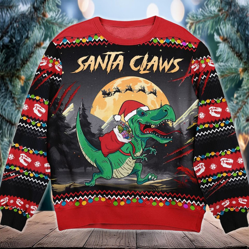 Santa Claws T-Rex Christmas Ugly Sweater Dinosaur Santa Xmas Sweater Gifts For Besties