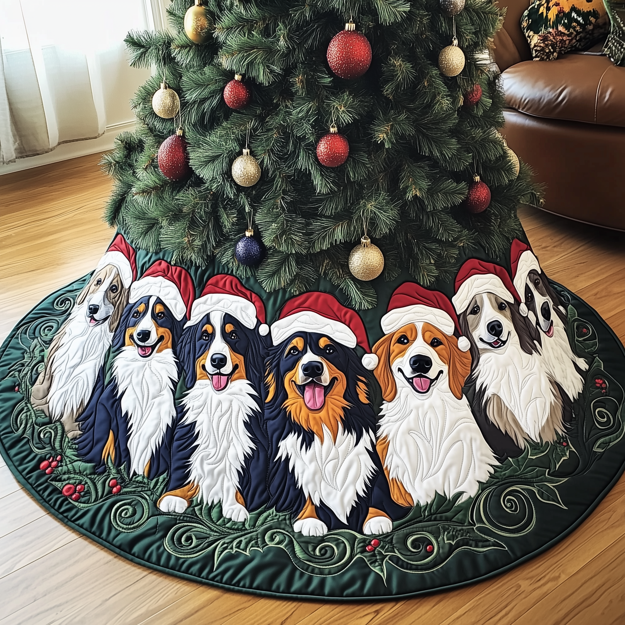 Santa Collie Dog Christmas Tree Skirt Quilted Holiday Decor Perfect Gift for Animal Lovers
