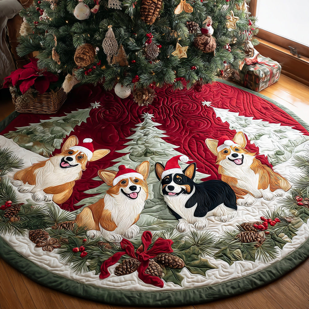 Santa Corgi Helper Quilted Christmas Tree Skirt Xmas Tree Decor Xmas Gifts For Dog Lovers
