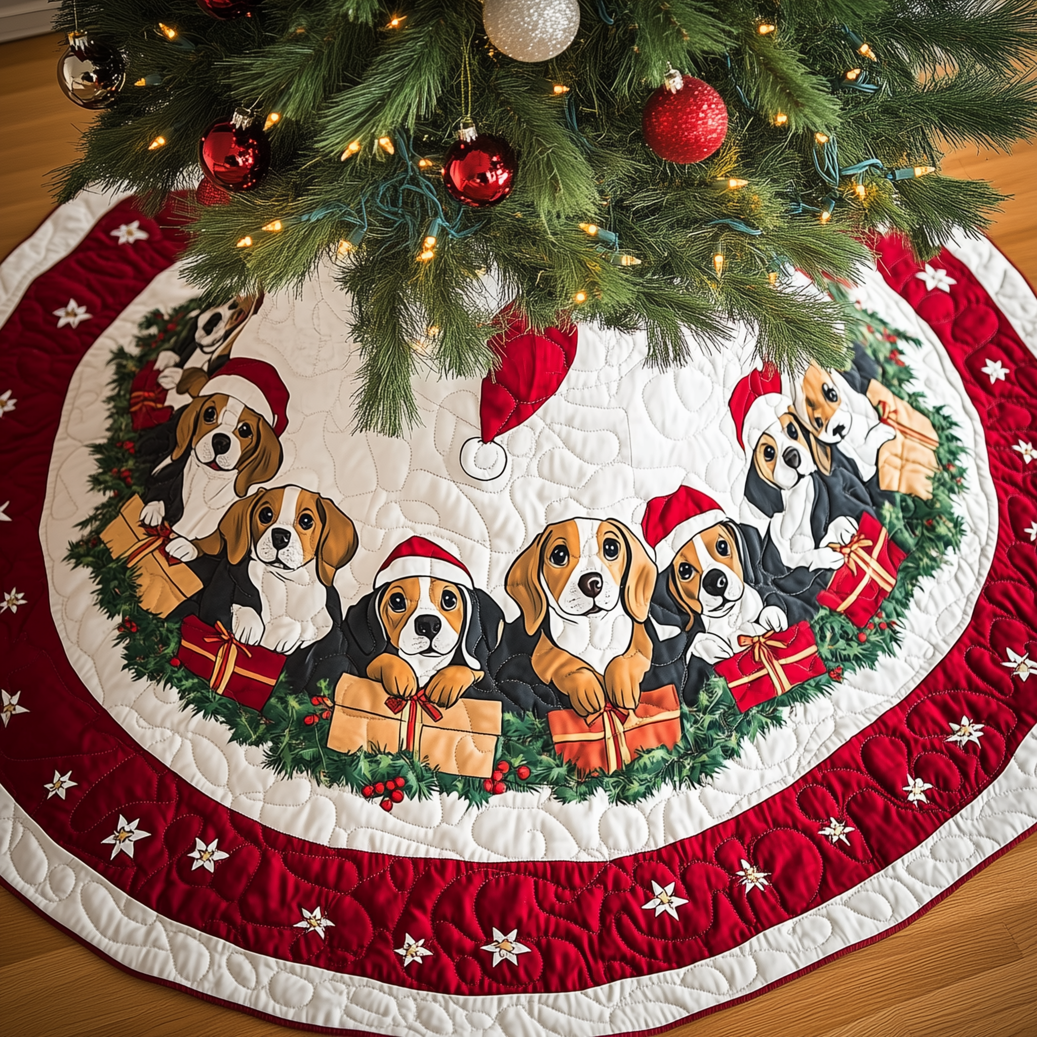 Santa Dachshund Christmas Tree Skirt Quilted Holiday Dog Pattern Perfect Gift Idea