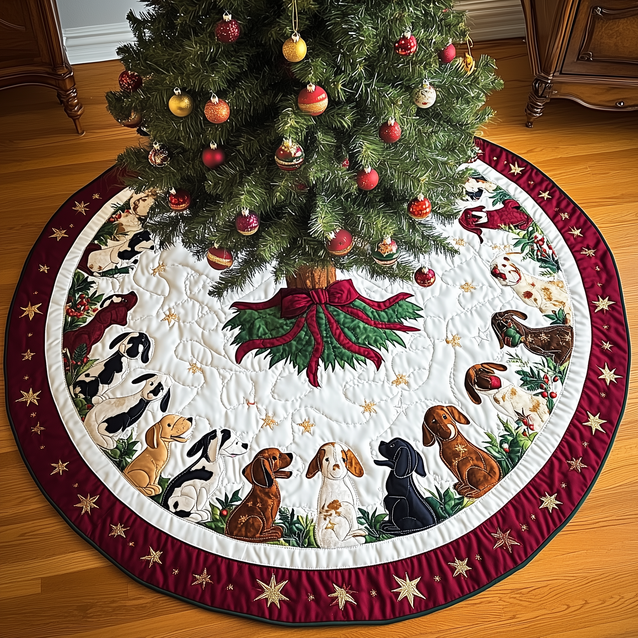 Santa Dachshund Dog Christmas Tree Skirt Quilted Holiday Decor Gift for Pet Homes