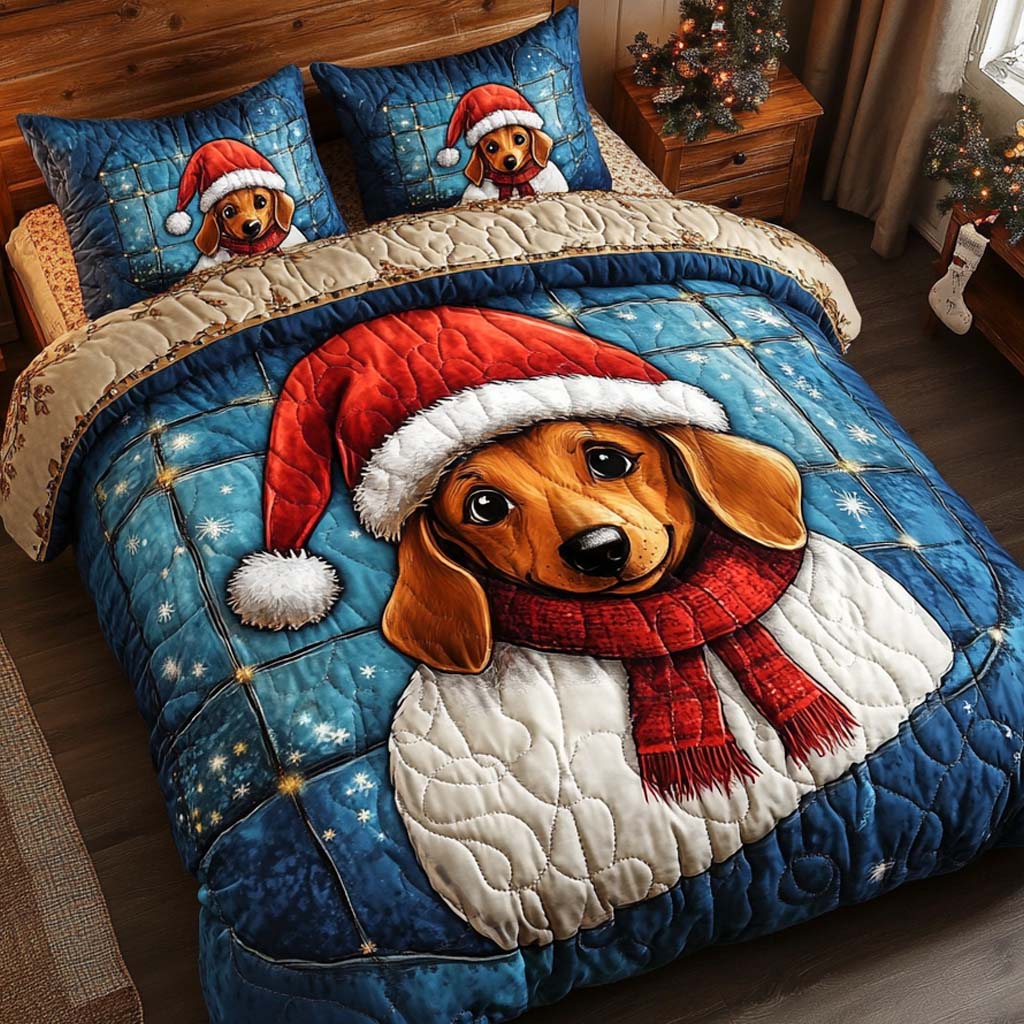 Santa Dachshund Quilted Bedding Set Holiday Season Duvet Cover Set Unique Dachshund Gifts