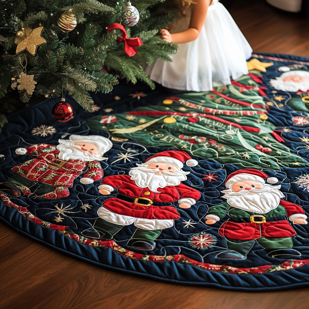Santa Delight Quilted Christmas Tree Skirt Small Tree Skirt Indoor Christmas Decorations