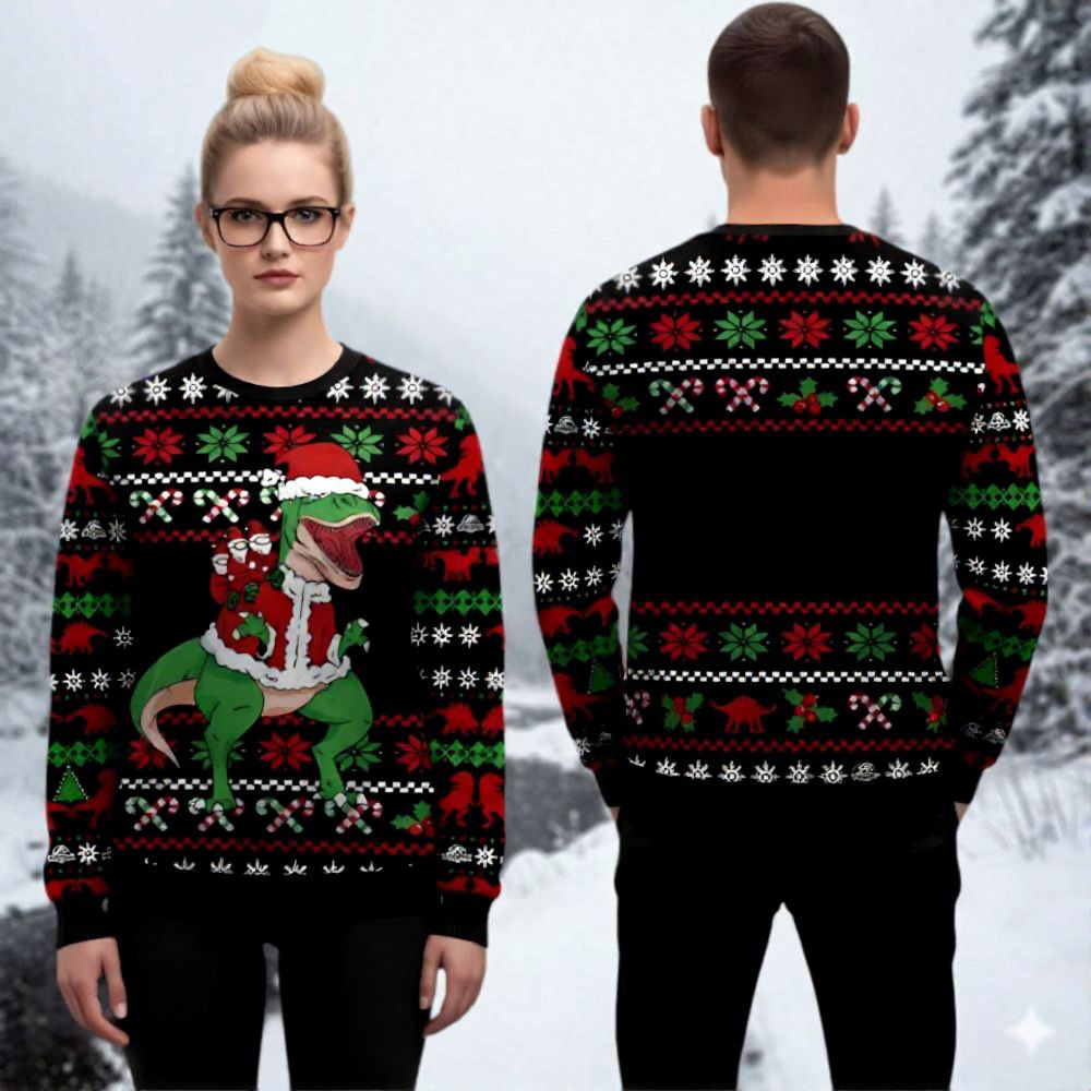 Santa Dinosaur Ugly Christmas Sweater Animal Themed Festive Wear Funny Secret Santa Gifts