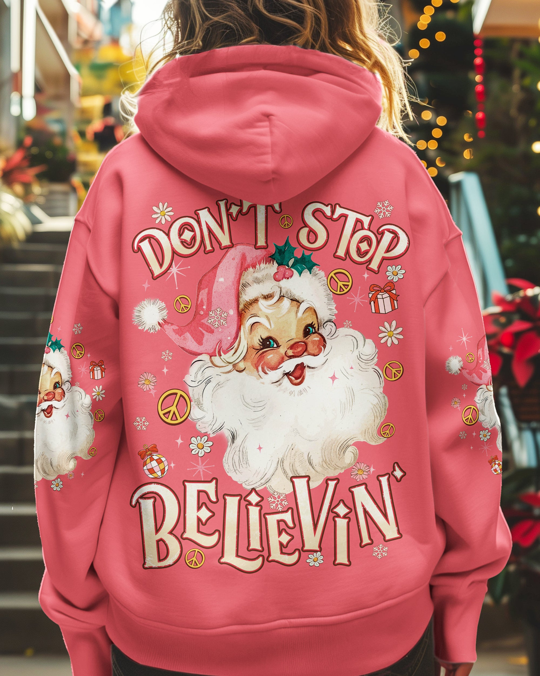 Santa Don't Stop Believin' Christmas Hoodie Funny Pink Santa Pullover Cozy Gifts For Her