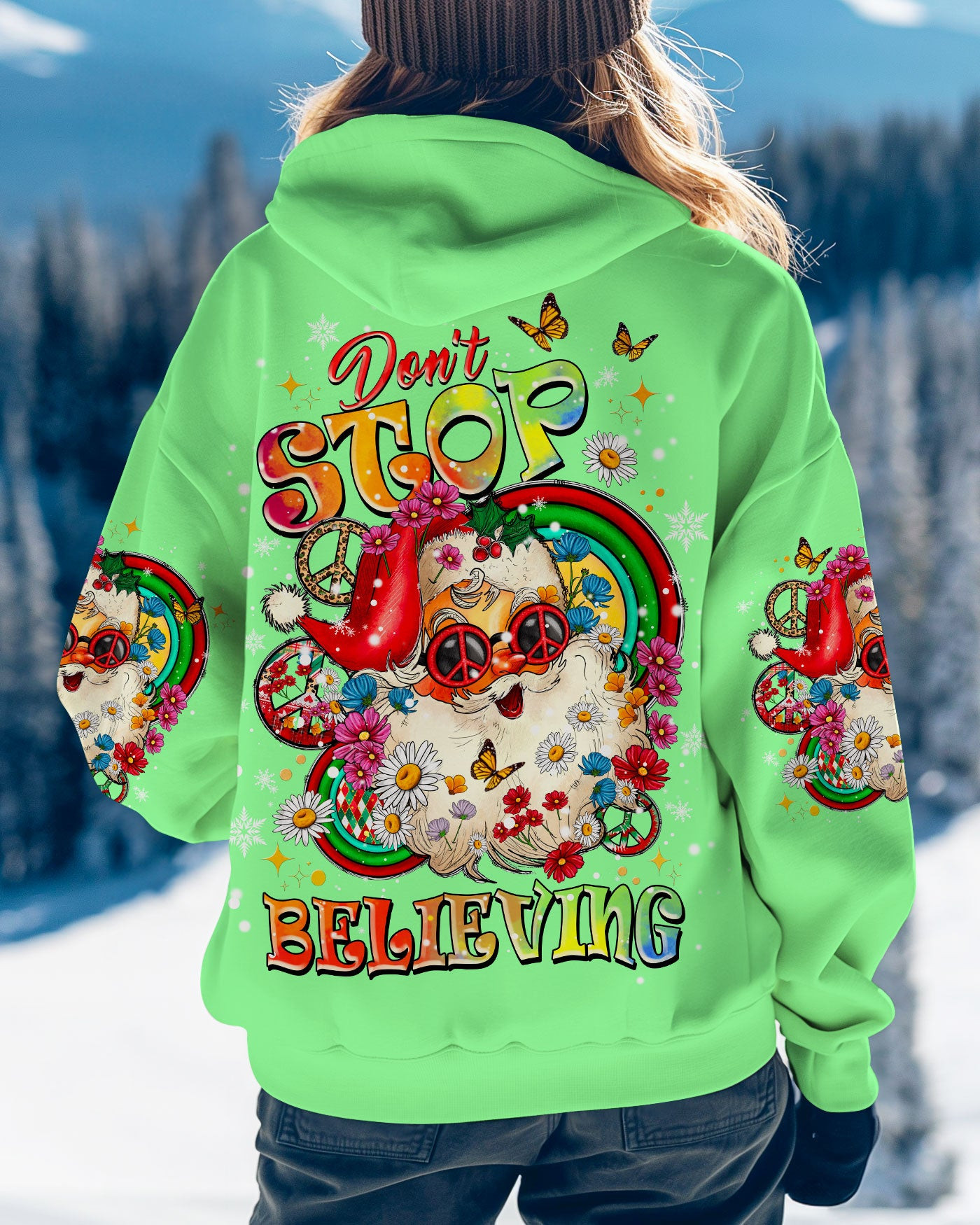 Santa Don't Stop Believing Christmas Hoodie Hippie Santa Clothing Peace Lovers Gifts