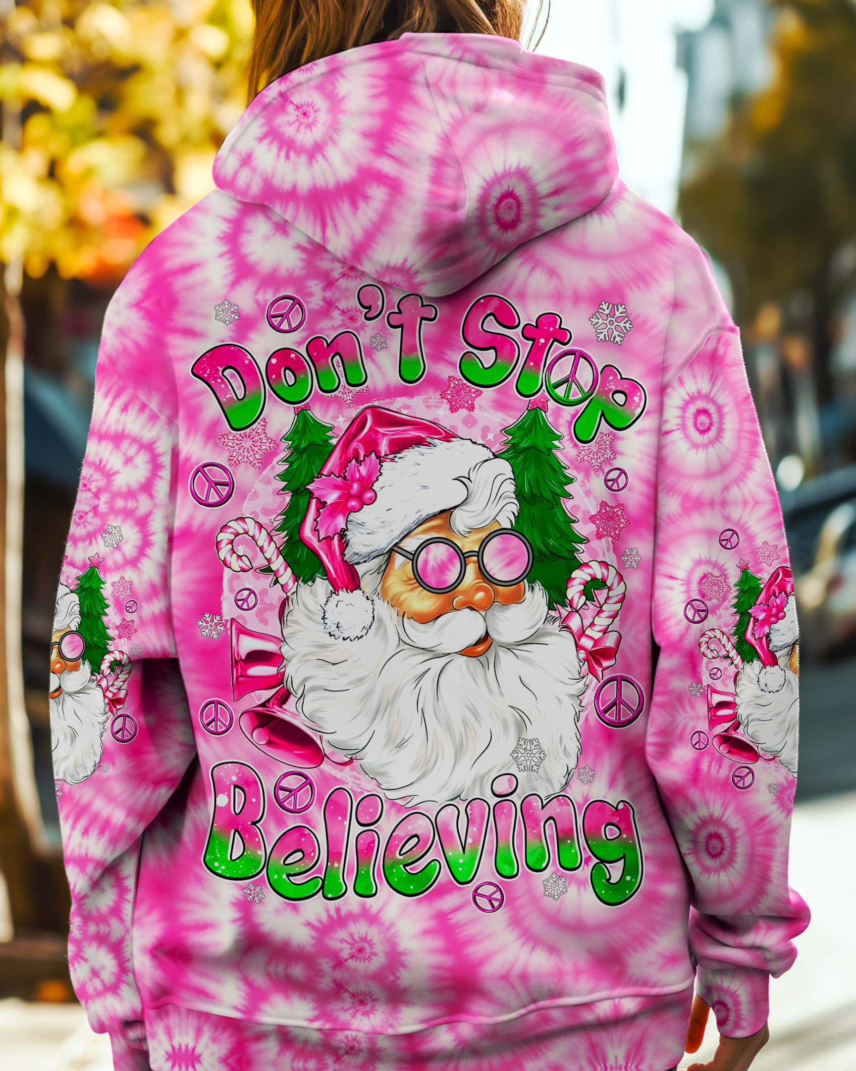 Santa Don't Stop Believing Christmas Hoodie Pink Tie Dye Clothing Xmas Gifts For Friend