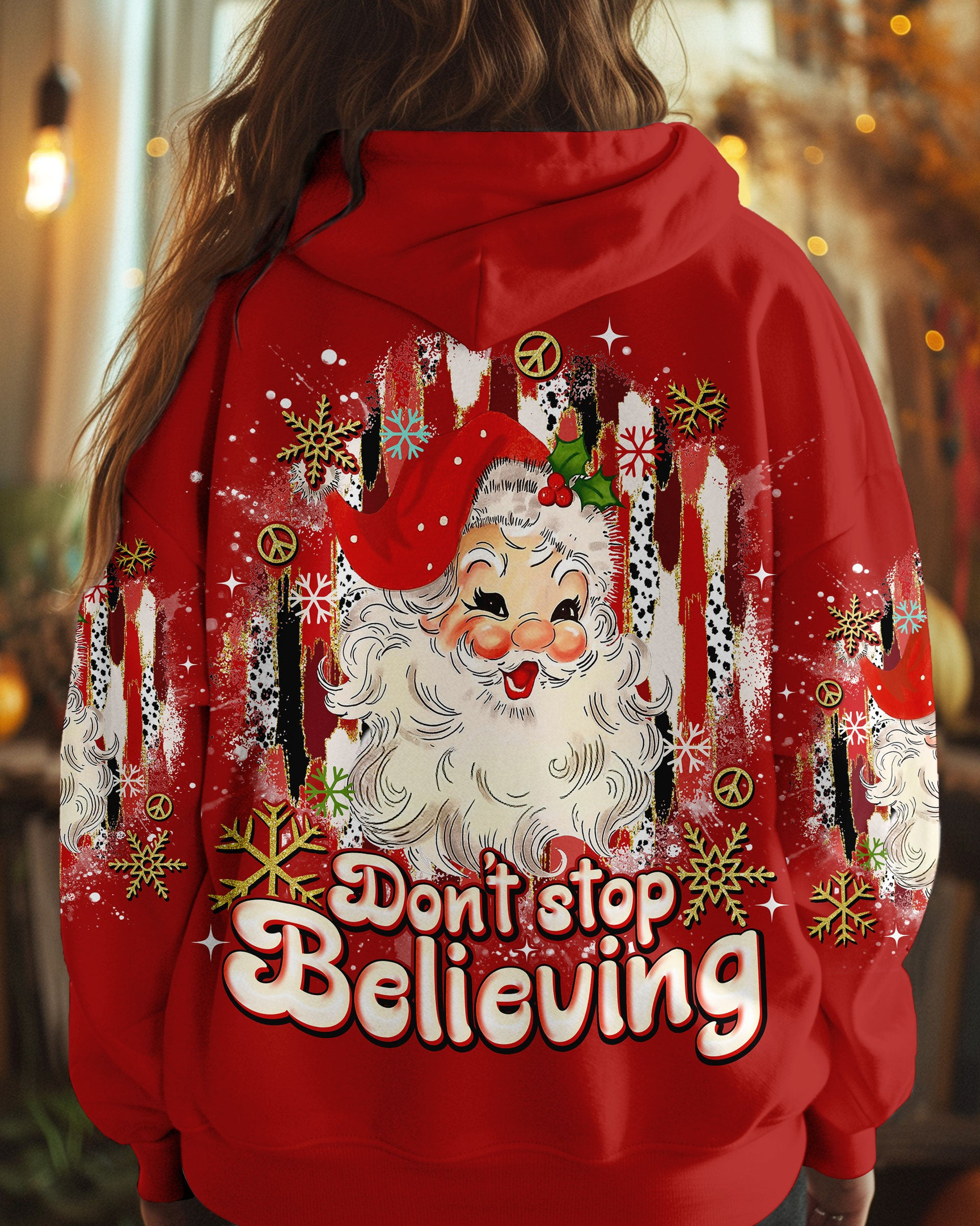 Santa Don't Stop Believing Christmas Hoodie Snowflakes Pattern Apparel Xmas Gifts For Her